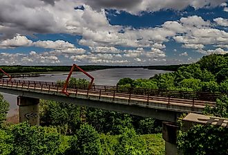 High Trestle Trail and bridge aerial view in Madrid, Iowa