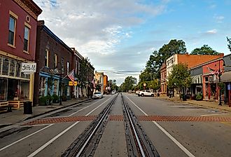A mainline CSX train track runs down the middle of Main Street in historic La Grange, Kentucky. Editorial credit: BD Images / Shutterstock.com