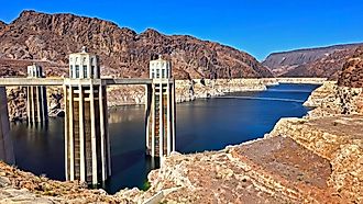 Hoover Dam intake towers above Lake Mead.
