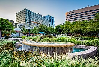Fountains and modern buildings in Crystal City, Arlington, Virginia