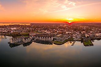 Aerial sunset panorama of Havre De Grace, Harford County, Maryland, United States.
