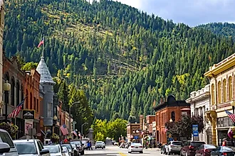 Turn of the century brick buildings in the historic mining town of Wallace, Idaho.