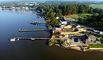 The aerial view of the waterfront homes with a private dock near Millsboro, Delaware.