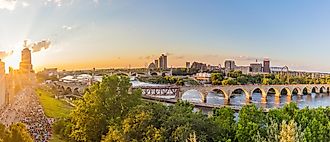 Minneapolis Minnesota at sunset on the Mississippi river,