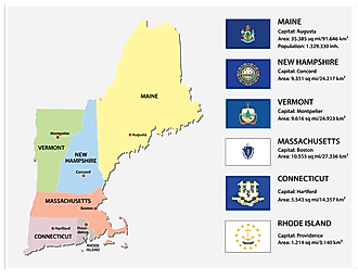 Map and flags of New England states