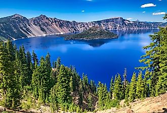 Summer View of Wizard Island at Crater Lake National Park in Oregon.