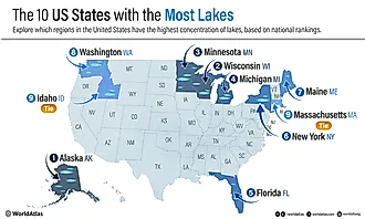 infographic showing the 10 US States With The Most Lakes