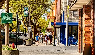 Shops, galleries and cafes line Main Street in the historic downtown area of Moscow, Idaho.