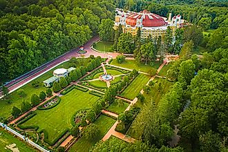 Aerial view of the historic West Baden Springs Hotel in French Lick, Indiana.
