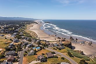 Aerial view of homes on the bluff in Bandon, Oregon