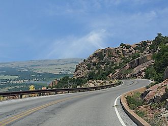 A scenic view descending the twisting road from Mt. Scott, Wichita Mountains Wildlife Refuge, Oklahoma