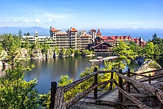 New Paltz, New York: Scenic view of Mohonk Mountain House and Mohonk Lake.