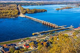 View from Buena Vista Park of the Mississippi river Lock and Dam #4 in Alma, Wisconsin