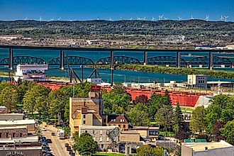 The Town of Sault Ste Marie Michigan in September 6, 2018 USA of ships, Soo Locks and downtown and the Saint Marys River