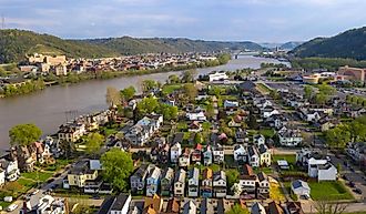 Aerial view of the Ohio River in Wheeling, West Virginia.