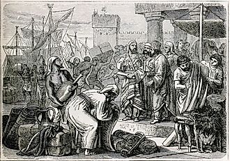 19th-century depiction of Phoenician sailors and merchants. Image credit Publisher New York Ward, Lock, Public domain, via Wikimedia Commons