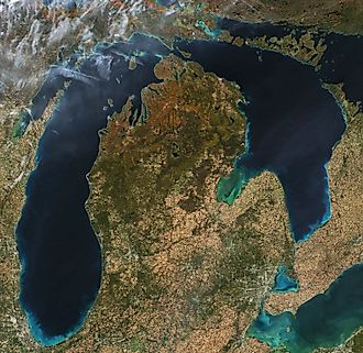 Lake Michigan and Lake Huron in fall. NASA Earth Observatory image by Michala Garrison