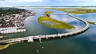 Aerial view of the Long Bridge to Chincoteague Island in Virginia.