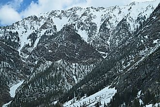 Cold barren snowy mountain peaks in Colorado Rocky Mountains.