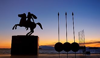 The bronze statue of Alexander the Great on his famous horse with sarissa in the background.