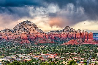 Sedona, Arizona, USA downtown cityscape and mountains.