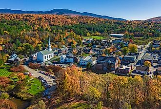 The charming small town of Stowe, Vermont, in autumn.