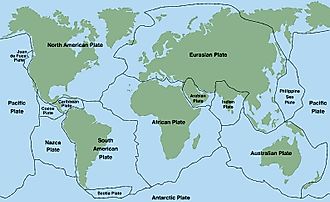 A map showing some of the world's major and minor tectonic plates.