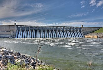 Whitney Dam releases water into the Brazos River below Lake Whitney, Texas.