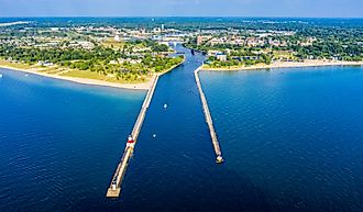 Aerial view of St. Joseph, Michigan with views of downtown, the state park, the St. Joseph Lighthouse, and St. Joseph River