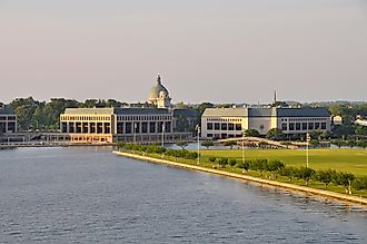 A view of the United States Naval Academy in Annapolis on the banks of the Severn River.