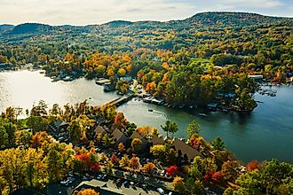 Lake George, New York, with fall foliage.