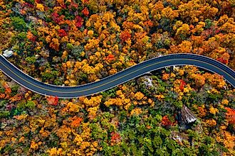 Top-down view of Blue Ridge Parkway mountains in North Carolina during Fall.