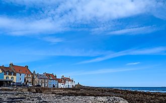 A scenic view of St. Monans Harbour in the East Neuk of Fife, Scotland.