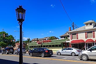 The downtown streets of Wellsboro, Pennsylvania, still illuminated with authentic gas street lamps.
