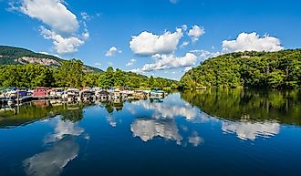 Docks along the water at Lake Lure, North Carolina.