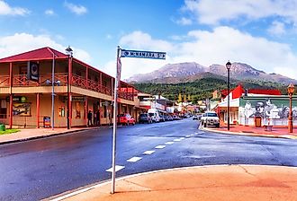 Main shopping street in regional mining town Queenstown on Tasmanian East Coast. Image credit Taras Vyshnya via Shutterstock