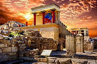 The North Entrance of the Palace with charging bull fresco in Knossos at Crete, Greece