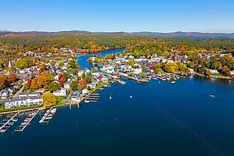 Lake Winnipesaukee aerial view in fall on Main Street, town of Wolfeboro, New Hampshire, USA.