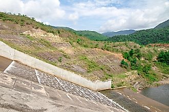 View of the dam reservoir in the middle of the valley.
