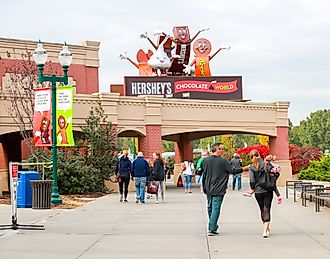 Visitors entering the immense Hershey's Chocolate World super store in Hershey, Pennsylvania. Image credit: Helen89 / Shutterstock.com.