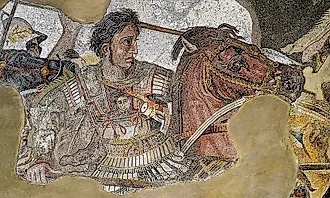 Alexander the Great depicted at the Battle of Issus against Darius III of Persia in 333 BC, as part of a larger Roman floor mosaic dating from around 100 BC.