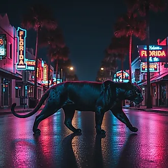 A depiction of a black panther walking the streets of Florida at night