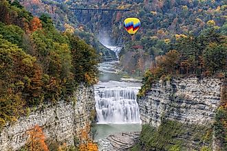 Hot Air Balloon Over The Middle Falls At Letchworth State Park In New York.