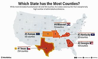 A map of the US, identifying the top 5 US states with the most counties; Texas  has the most counties of any US state.