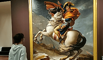 A young girl stands in front of David's famous painting, Napoleon Crossing the Alps. 