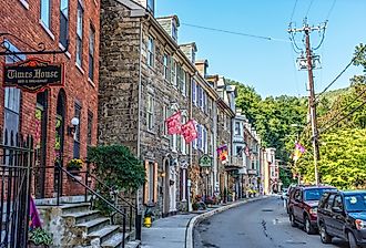 Historic row homes with shops on Race St. in Jim Thorpe, Pennsylvania.