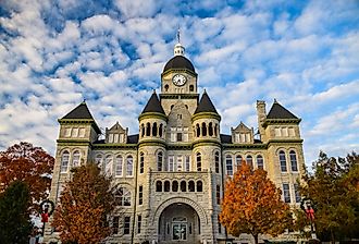 The Carthage Courthouse with fall foliage in downtown Carthage, Missouri.