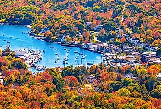 View from Mount Battie overlooking Camden harbor, Maine in autumn.
