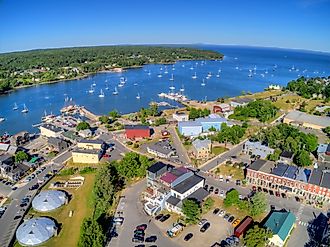 Boats along the coast of the Passagassawakeag River in Belfast, Maine.