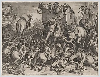 The Battle Between Scipio and Hannibal at Zama. Image by Cornelis Cort, Public domain, via Wikimedia Commons.